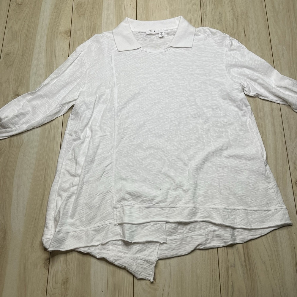 WILT Women's Asymmetrical Long Sleeve Pullover Cotton Top White Size Small USA - Picture 3 of 13